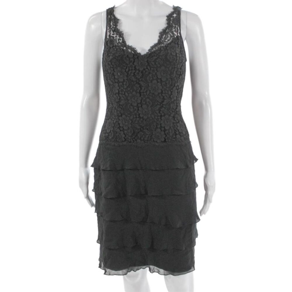 Rickie Freeman Teri Jon Women Black Silk Sheath Dress V-Neck Sleeveless Size 8
